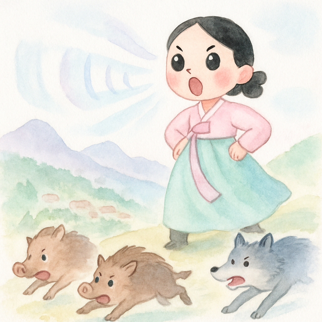 며느리가 뒷산에서 방귀를 뀌어 짐승들이 도망가는 장면